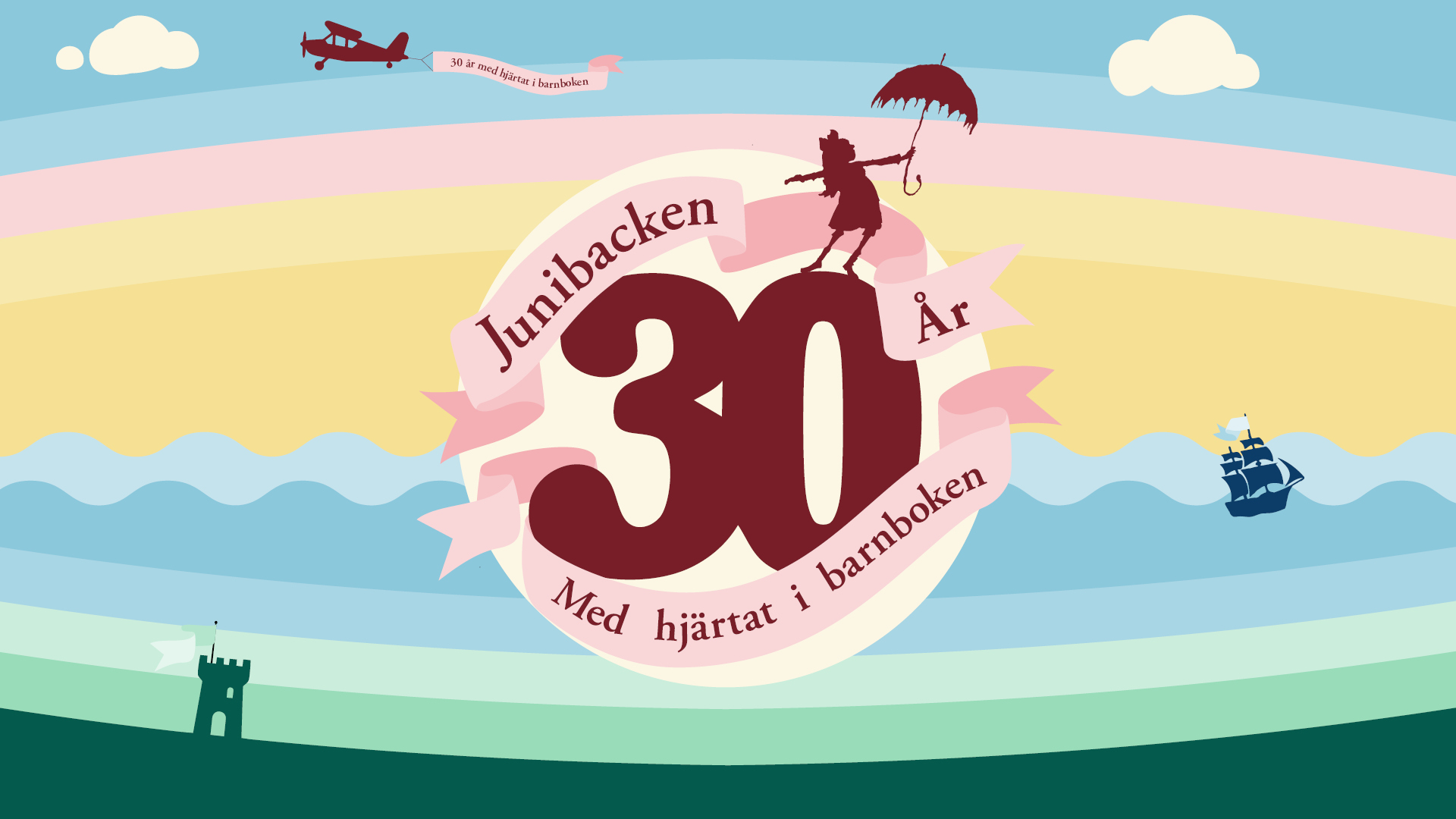 Junibackens jubileums-logga från 30-årsjubileet – en sagolik symbol för tre decennier av barnkultur, teater och magiska upplevelser på Djurgården.