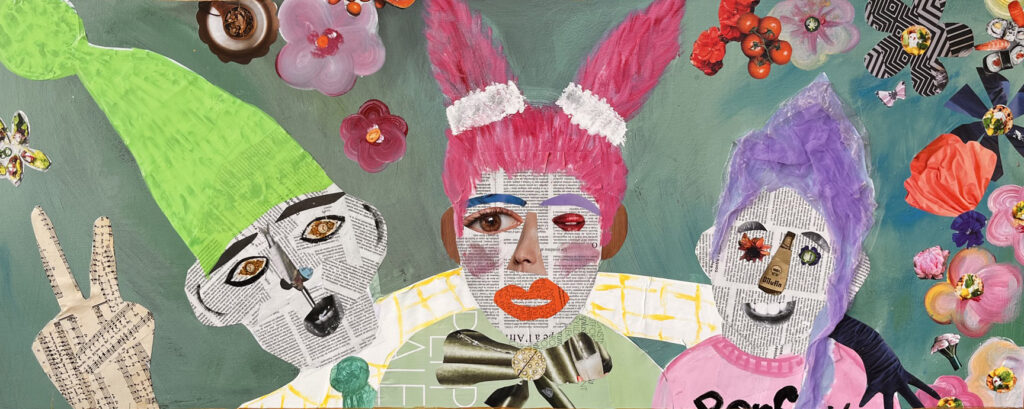 Tre troll skapade av tidningspapper, färg och återvunnet material omges av blommor och fantasifulla detaljer i ett konstnärligt collage med texten ”Det går troll”.